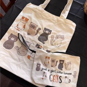 Cat Lover's Tote and Pouch Set - Cream and Black
